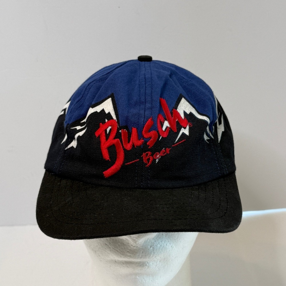 Vintage Busch Beer Mountain Graphic Snapback Hat Blue Black Made in USA Mens